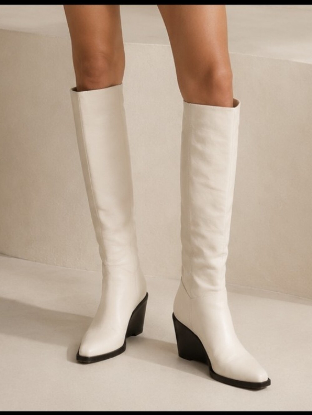 Vince Cloud Dancer Leather Knee-High Wedge Boots Size 7.5